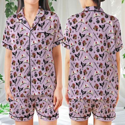 Fantasy Reader Satin Pajamas Set, Dragons Witchy Bookish Pajama Set, Romantasy Girlie Sleepwear, Fairytale Fantasy Era Pajamas Set