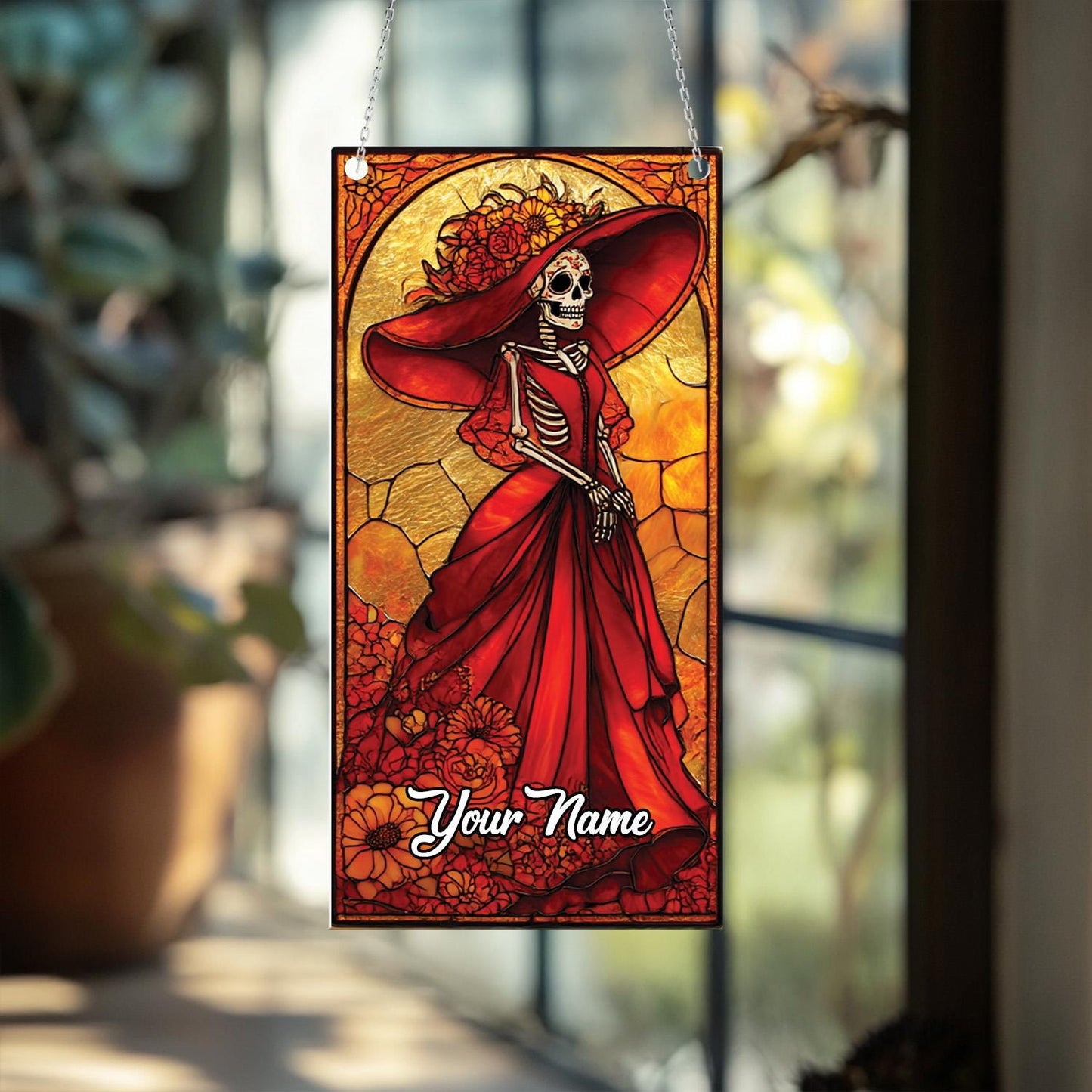 Personalized Day Of The Dead Skeleton Lady In Red Dress Window Hanging, Custom Name Artistic Décor For Festive And Gothic Charm