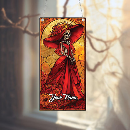 Personalized Day Of The Dead Skeleton Lady In Red Dress Window Hanging, Custom Name Artistic Décor For Festive And Gothic Charm