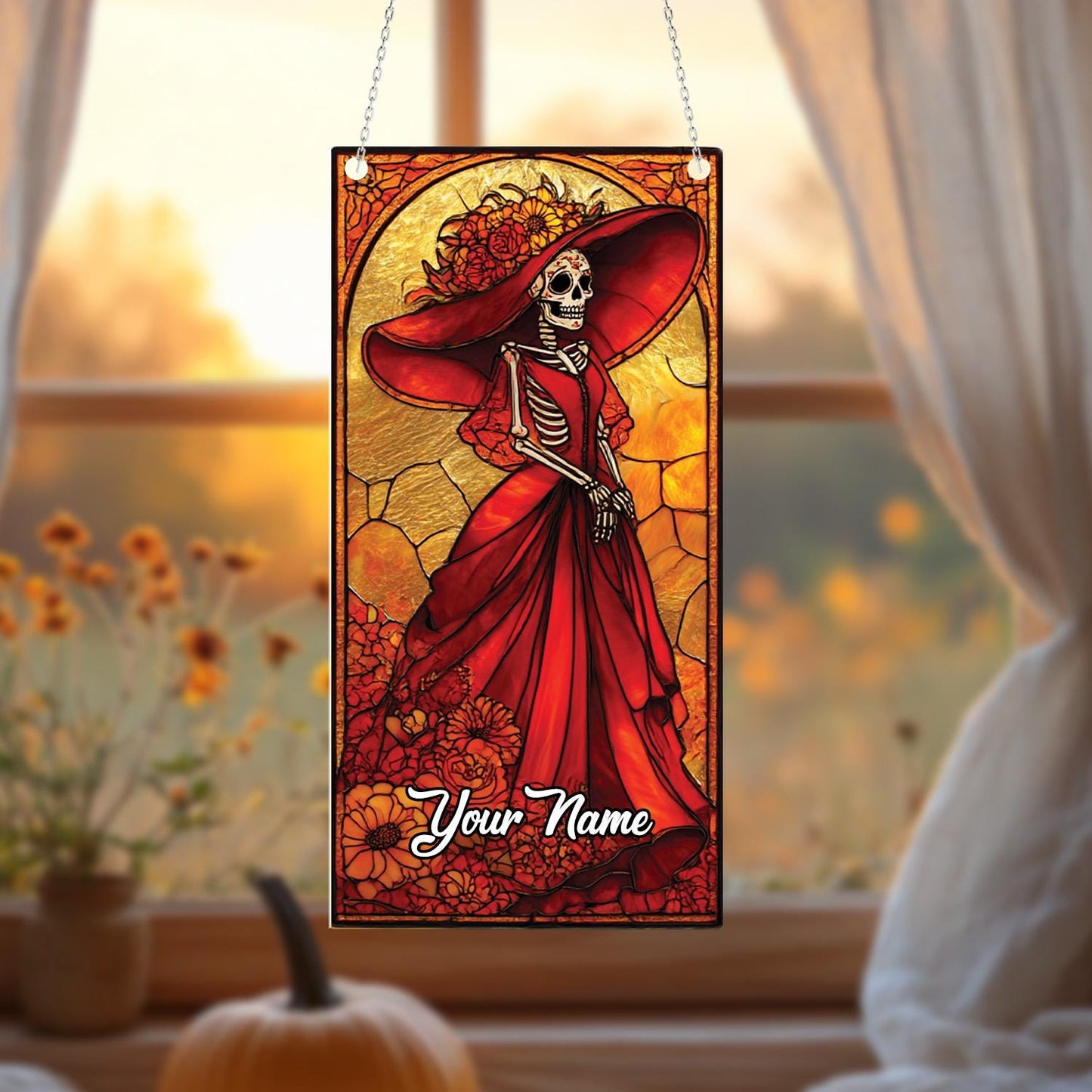 Personalized Day Of The Dead Skeleton Lady In Red Dress Window Hanging, Custom Name Artistic Décor For Festive And Gothic Charm