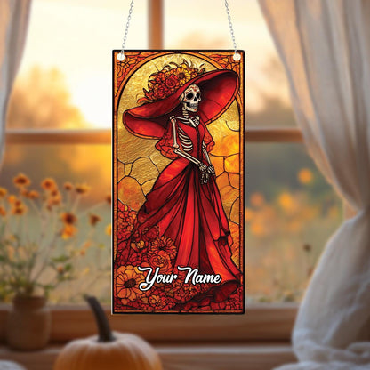 Personalized Day Of The Dead Skeleton Lady In Red Dress Window Hanging, Custom Name Artistic Décor For Festive And Gothic Charm