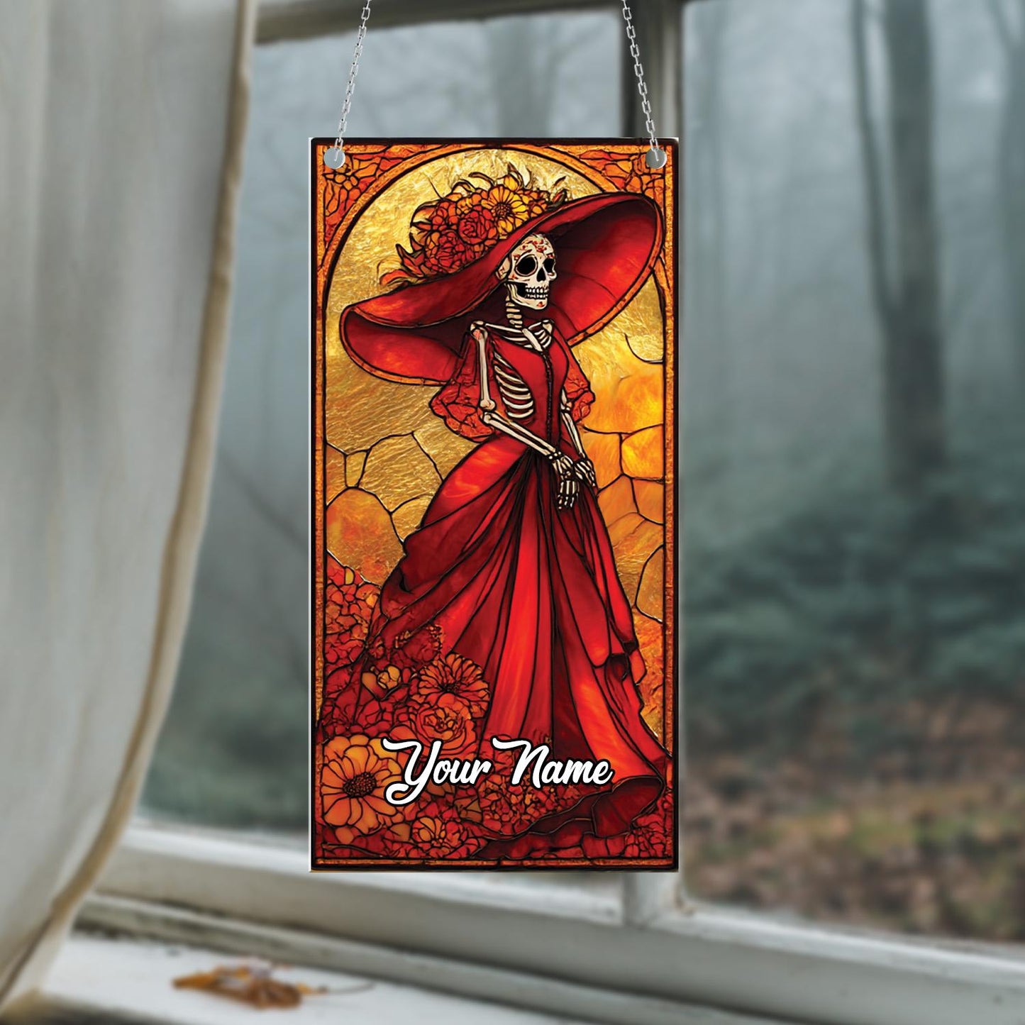 Personalized Day Of The Dead Skeleton Lady In Red Dress Window Hanging, Custom Name Artistic Décor For Festive And Gothic Charm