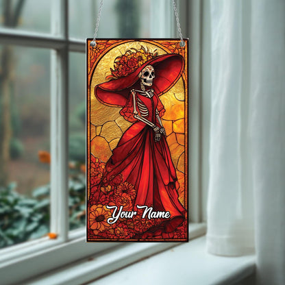 Personalized Day Of The Dead Skeleton Lady In Red Dress Window Hanging, Custom Name Artistic Décor For Festive And Gothic Charm