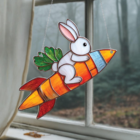 Adorable Bunny Riding Carrot Rocket Window Hanging, Whimsical Springtime Décor For Cute And Playful Home Or Nursery Accent