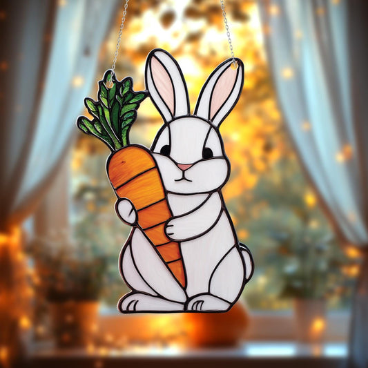 Adorable White Bunny Holding Carrot Window Hanging, Charming Springtime Décor For Playful, Cute, And Whimsical Home Or Nursery Accent