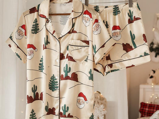 Cowboy Santa Satin Pajamas Set, Christmas Pajamas, Western Christmas Pajamas, Santa Claus Pajamas, Family Christmas Pajamas, Cozy Season Pjs