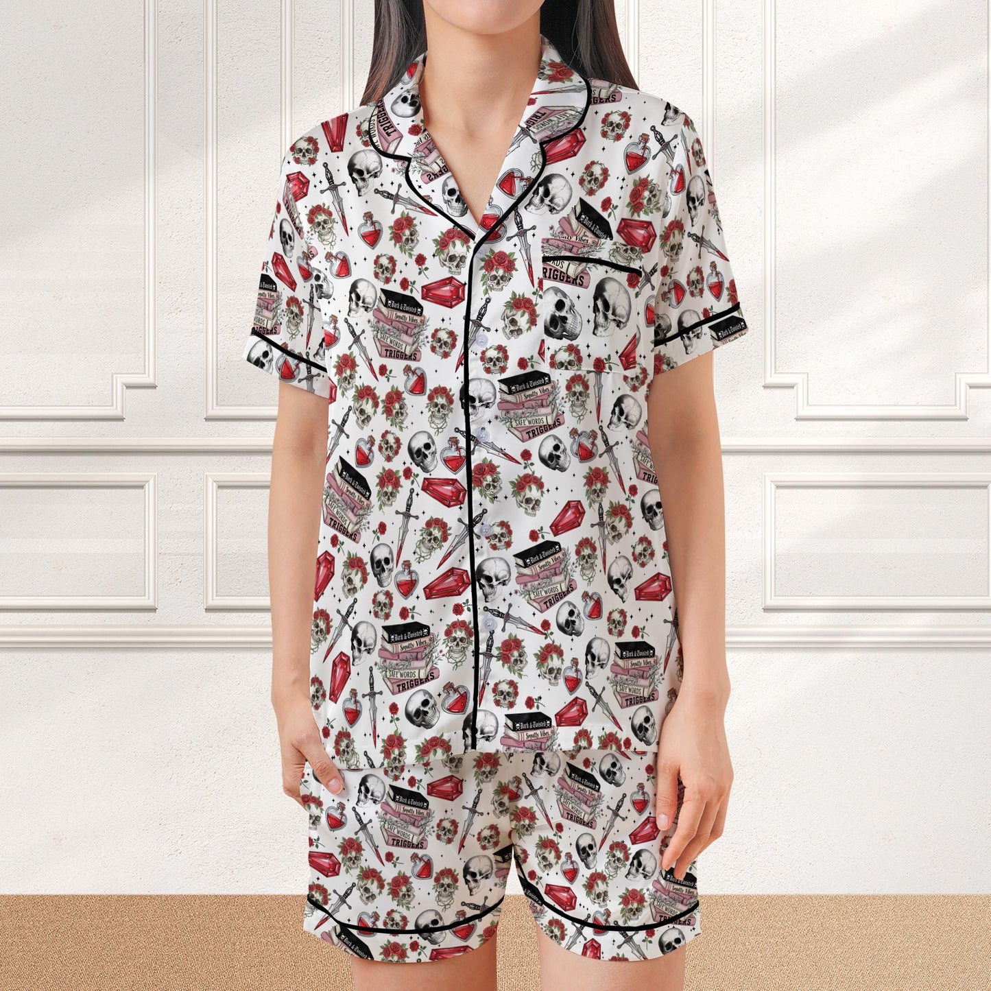 Dark Romance Skeleton Satin Pajamas, Rose Bookish Sleepwear Gift, Reading Lover Dark Fantasy Romance Pajamas Set, Spicy Bookish Gift