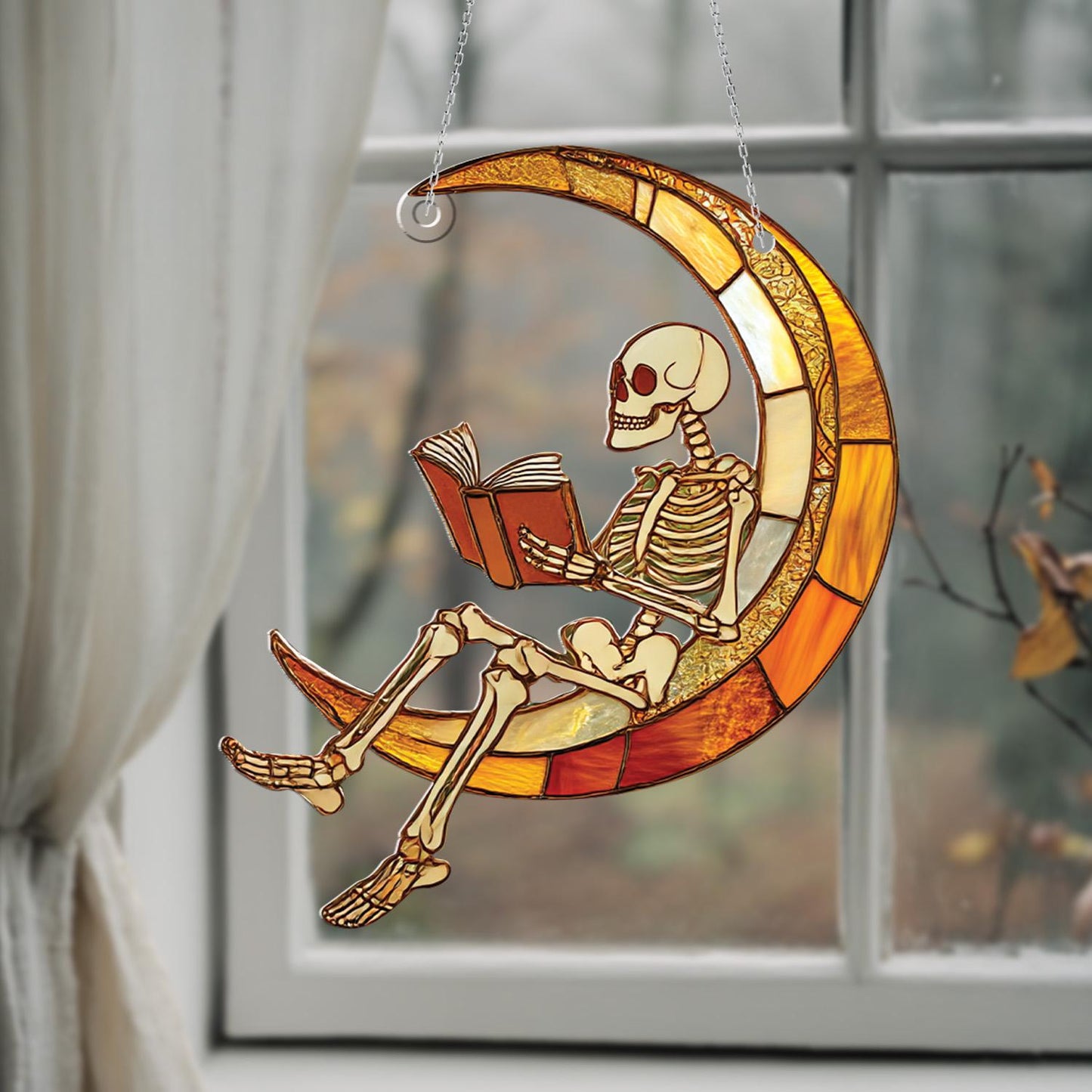 Skeleton Reading On Crescent Moon Window Hanging, Unique Gothic And Whimsical Décor For Halloween, Book Lovers, And Artistic Spaces