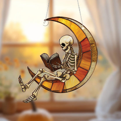 Skeleton Reading On Crescent Moon Window Hanging, Unique Gothic And Whimsical Décor For Halloween, Book Lovers, And Artistic Spaces