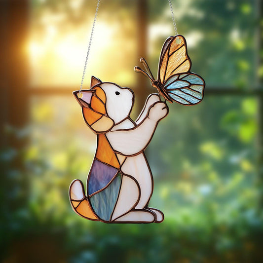 Cute Cat Playing With Butterfly Window Hanging, Colorful Whimsical Décor For Animal Lovers, Springtime Charm, And Playful Home Accent