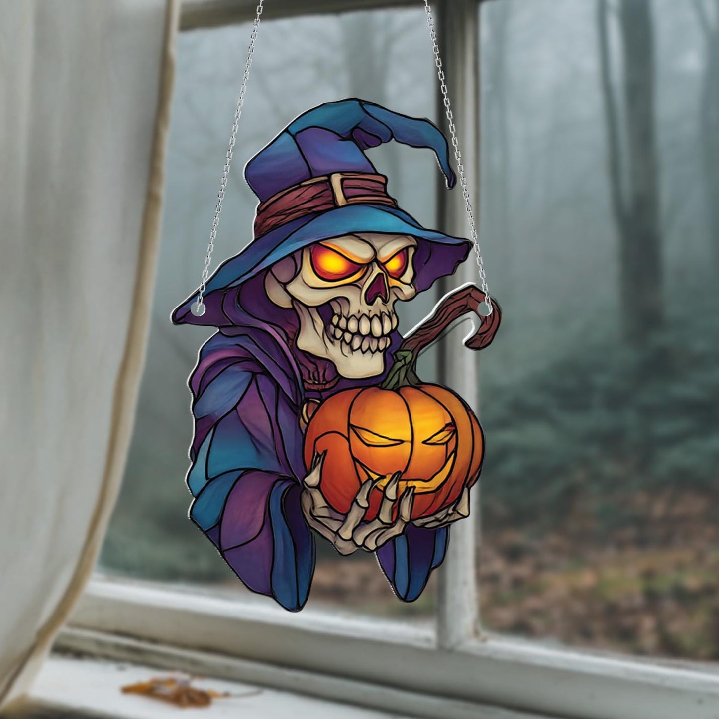 Spooky Skeleton In Witch Hat Holding Pumpkin Window Hanging, Gothic Halloween Décor For Haunted Home, Creepy And Festive Accent