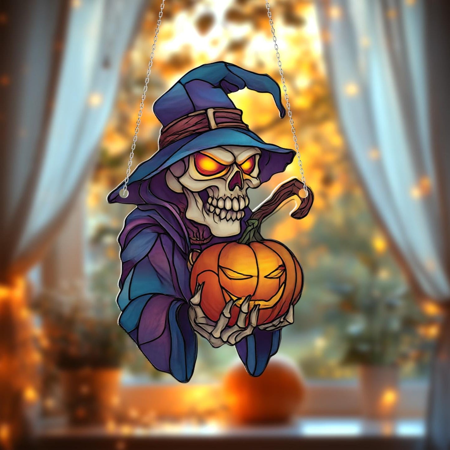 Spooky Skeleton In Witch Hat Holding Pumpkin Window Hanging, Gothic Halloween Décor For Haunted Home, Creepy And Festive Accent