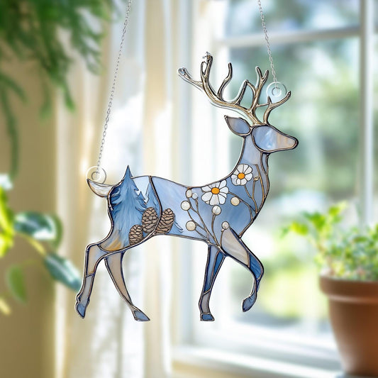 Elegant Blue Reindeer Window Hanging With Floral And Pinecone Details, Winter Wonderland Décor For Festive And Cozy Seasonal Charm