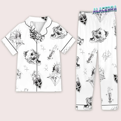 Gothic Tattoo Pajama Set | Skull And Floral Print Sleepwear for Women | Dark Aesthetic Short Sleeve & Shorts Lounge Set