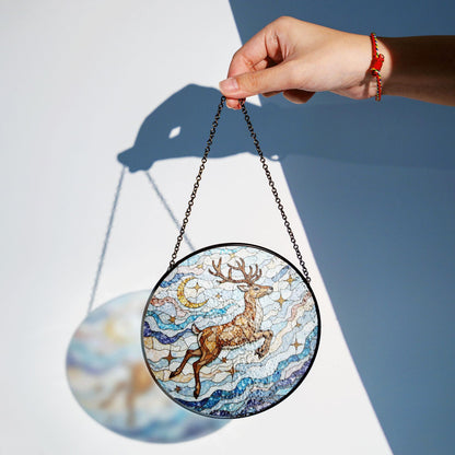 Suncatcher stained glass leaping deer moon and stars Christmas gift for mom
