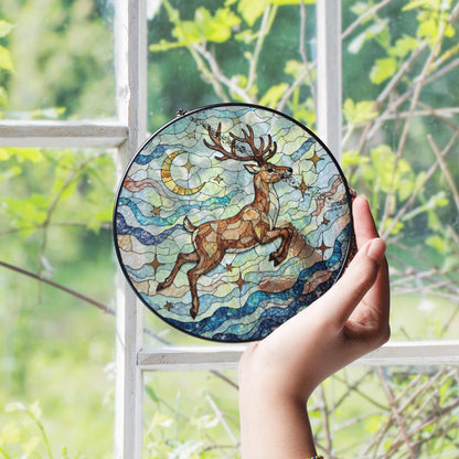 Suncatcher stained glass leaping deer moon and stars Christmas gift for mom