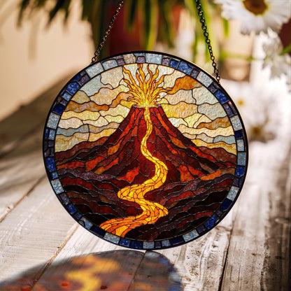 Suncatcher stained glass volcano eruption with flowing lava housewarming gift for mom birthday gift