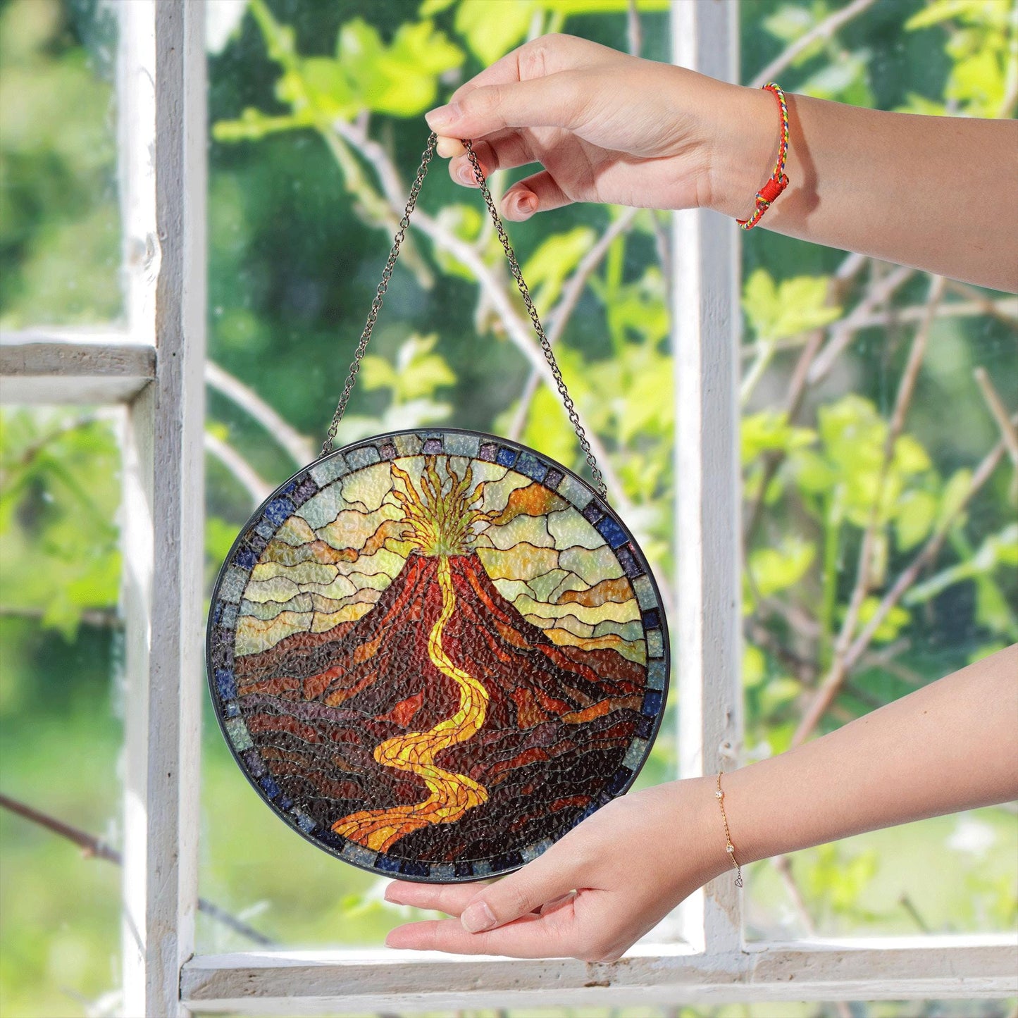 Suncatcher stained glass volcano eruption with flowing lava housewarming gift for mom birthday gift