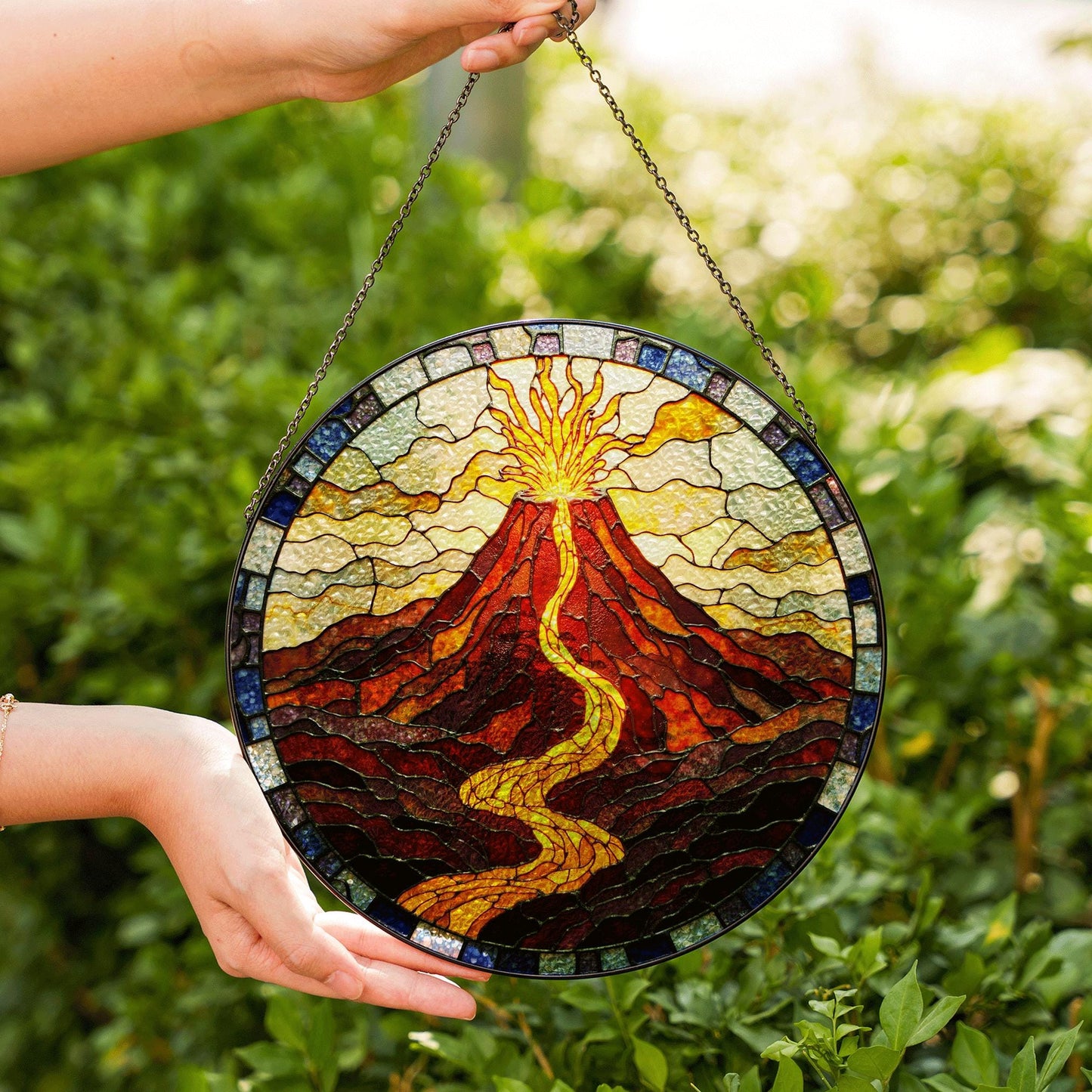 Suncatcher stained glass volcano eruption with flowing lava housewarming gift for mom birthday gift