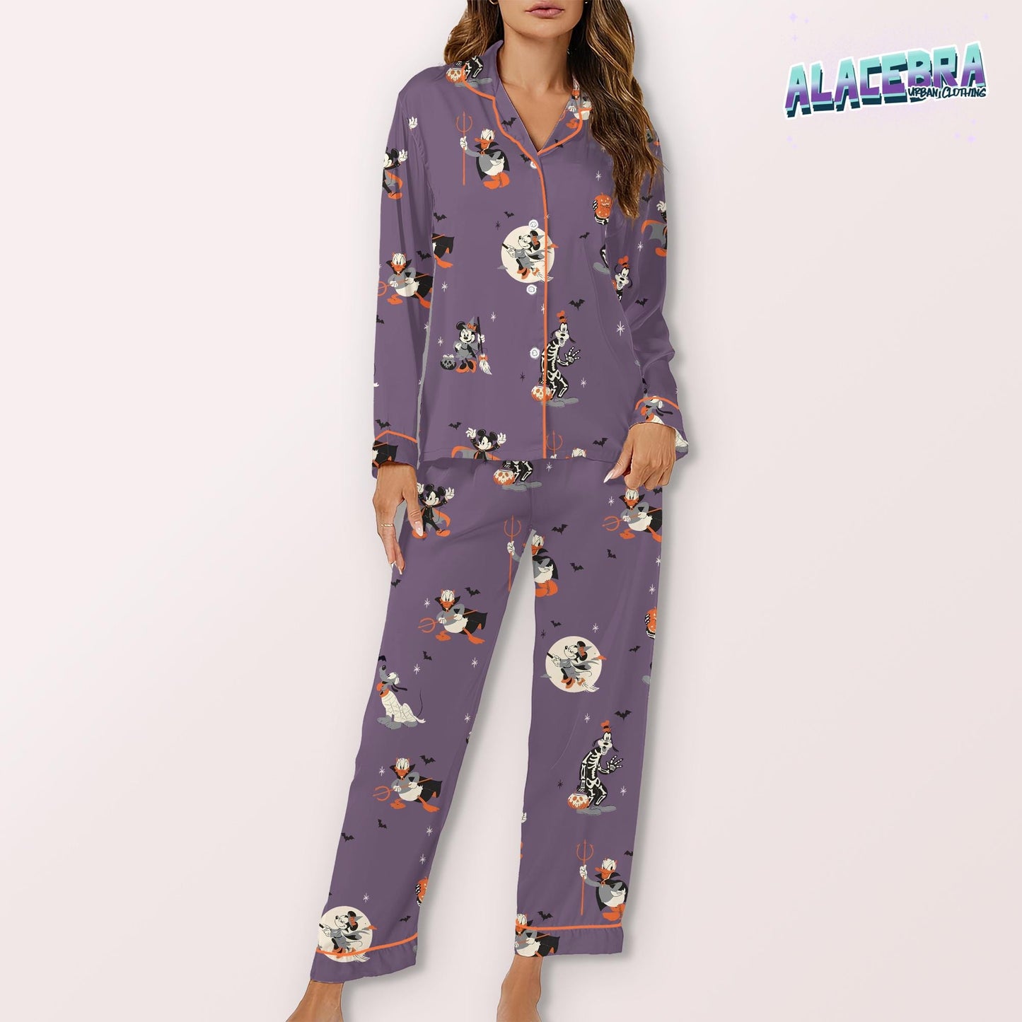 Halloween Cartoon Pajama Set | Purple Long Sleeve And Pants Sleepwear | Spooky Cute Pumpkin & Bat Print Nightwear