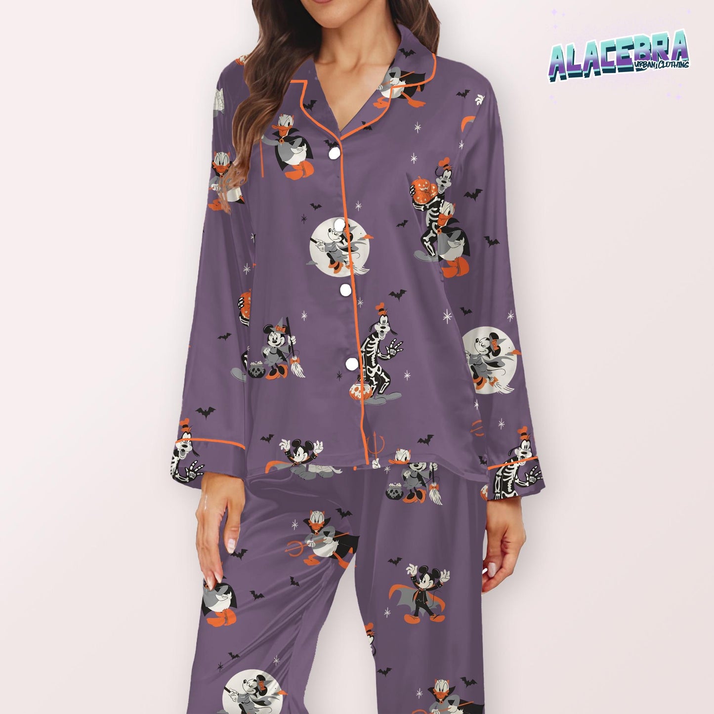 Halloween Cartoon Pajama Set | Purple Long Sleeve And Pants Sleepwear | Spooky Cute Pumpkin & Bat Print Nightwear