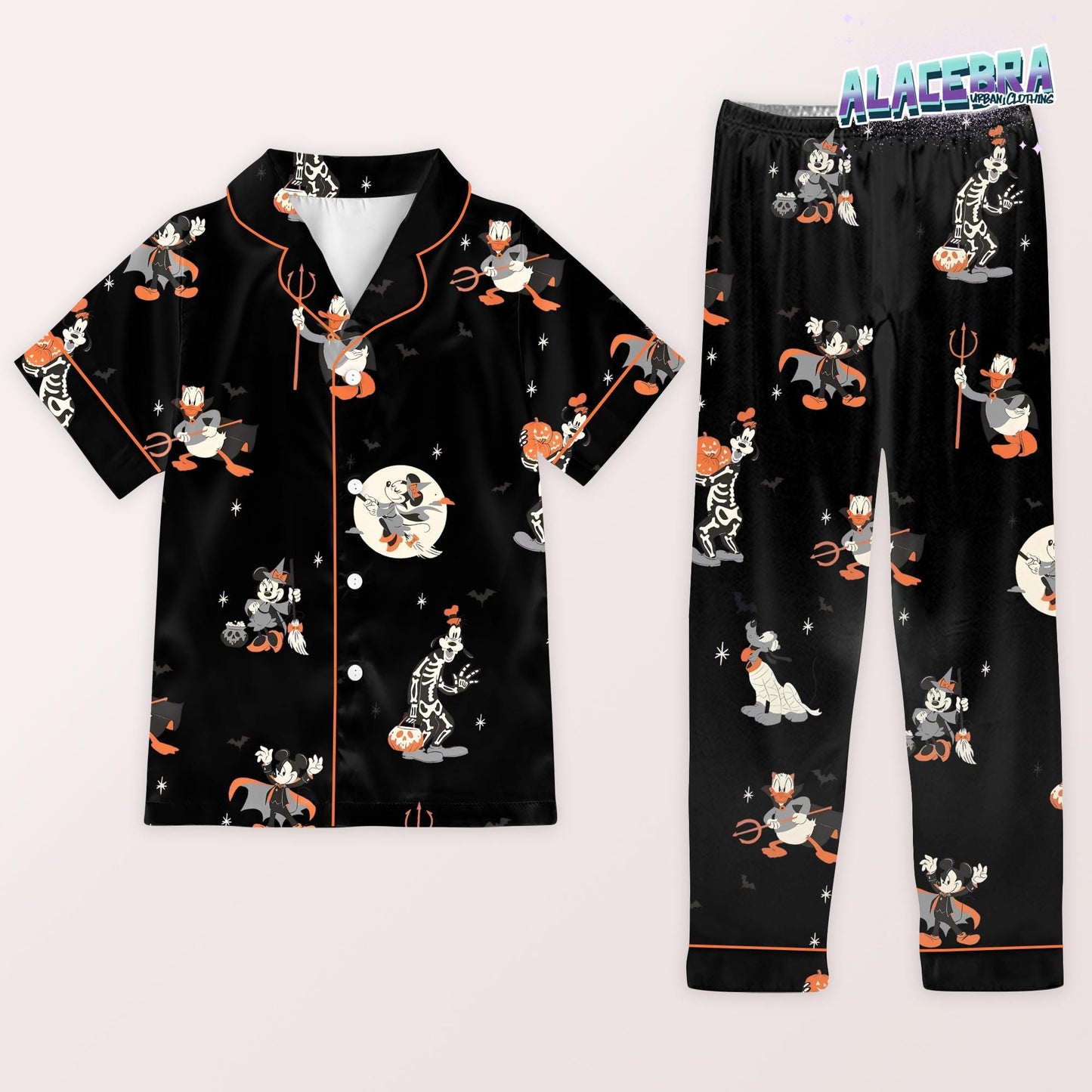 Black Halloween Pajama Set | Long Sleeve And Pants Sleepwear | Cute Spooky Cartoon Pumpkin & Bat Print Nightwear