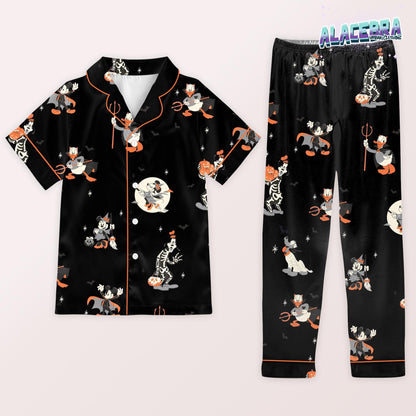 Black Halloween Pajama Set | Long Sleeve And Pants Sleepwear | Cute Spooky Cartoon Pumpkin & Bat Print Nightwear