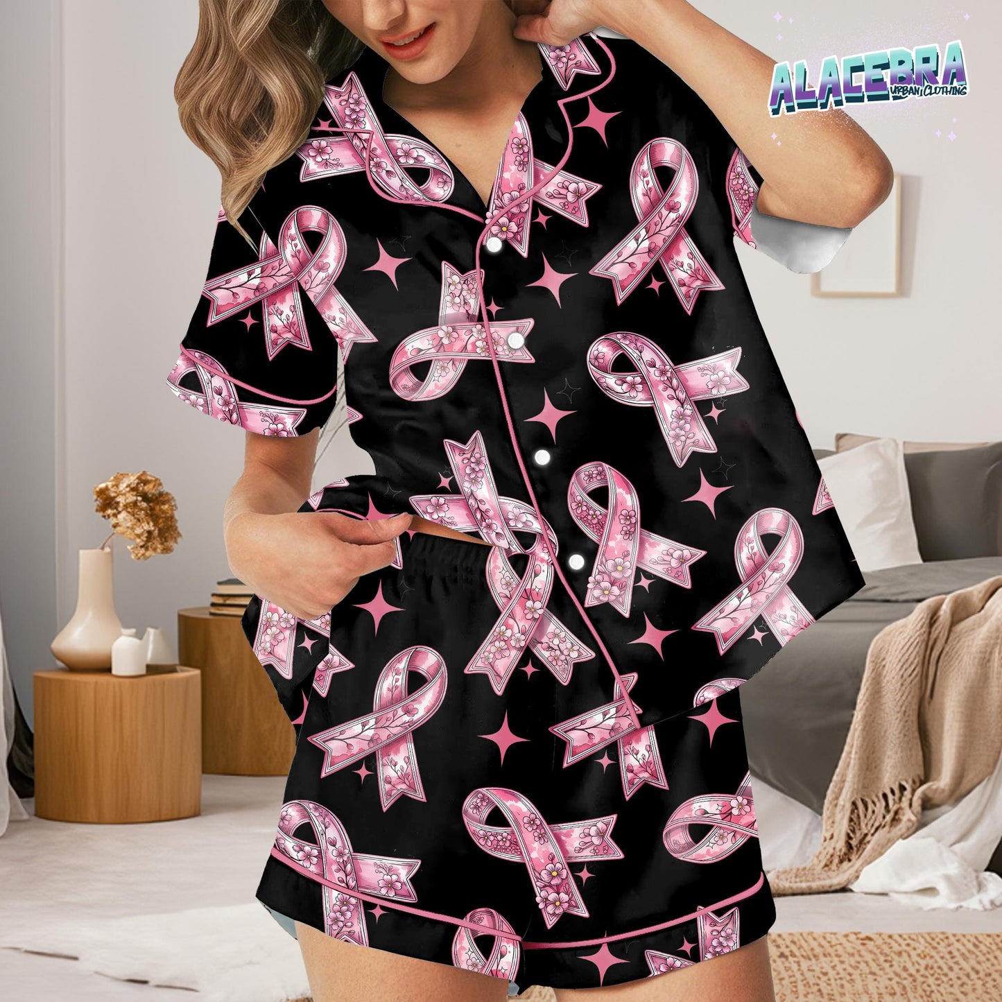 In October We Wear Pink Pajama Set | Breast Cancer Awareness Sleepwear | Pink Ribbon Short Sleeve & Shorts Lounge Set