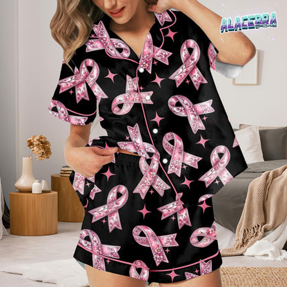In October We Wear Pink Pajama Set | Breast Cancer Awareness Sleepwear | Pink Ribbon Short Sleeve & Shorts Lounge Set