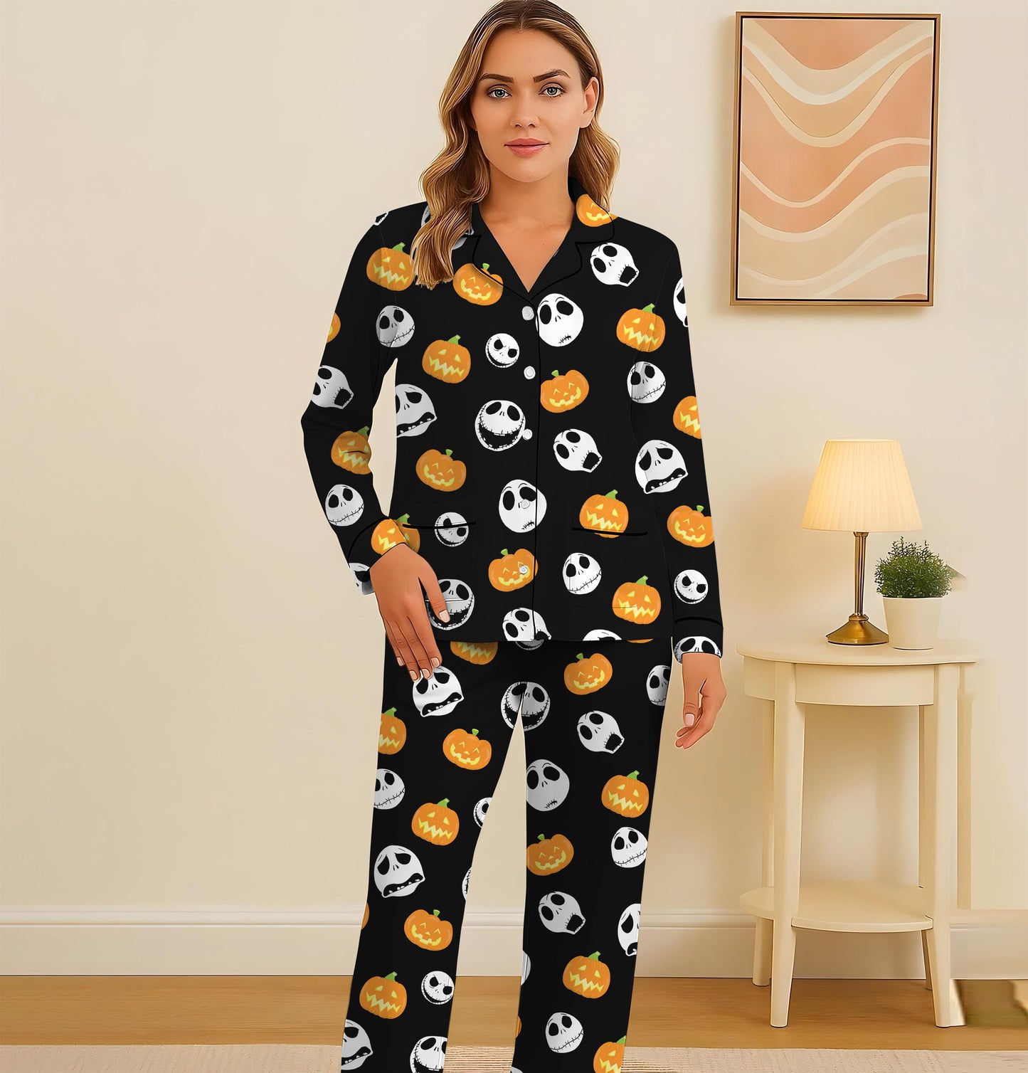 Halloween JS Cosplay Pajamas Set, Nightmare Before Homewear, Horror Character And Pumpkin Sleepwear, Halloween Scary Movie Nightwear