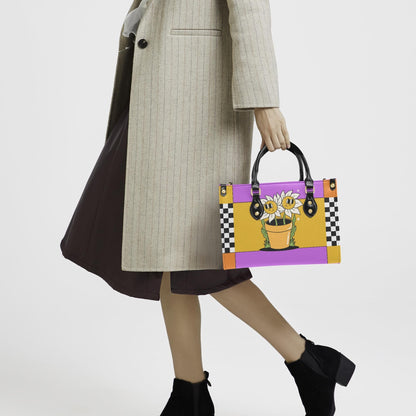 Sunflower Checkered Handbag | Purple Yellow PU Leather Purse | Retro Vintage Style Bag | Crossbody Shoulder Bag | Floral Tote Bag Gift
