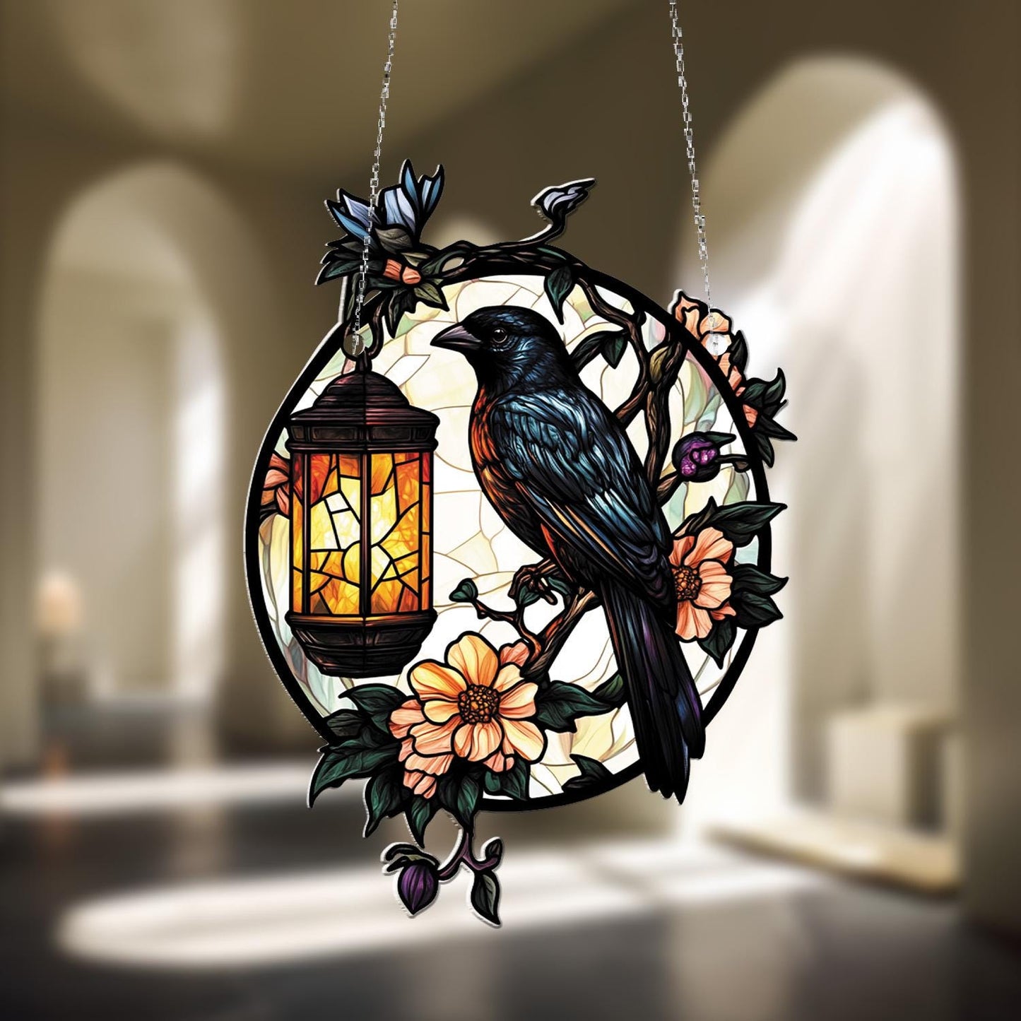 Elegant Bird and Lantern Round Hanging Panel with Floral Design for Window or Wall Decoration, Perfect Gift for Nature Lovers