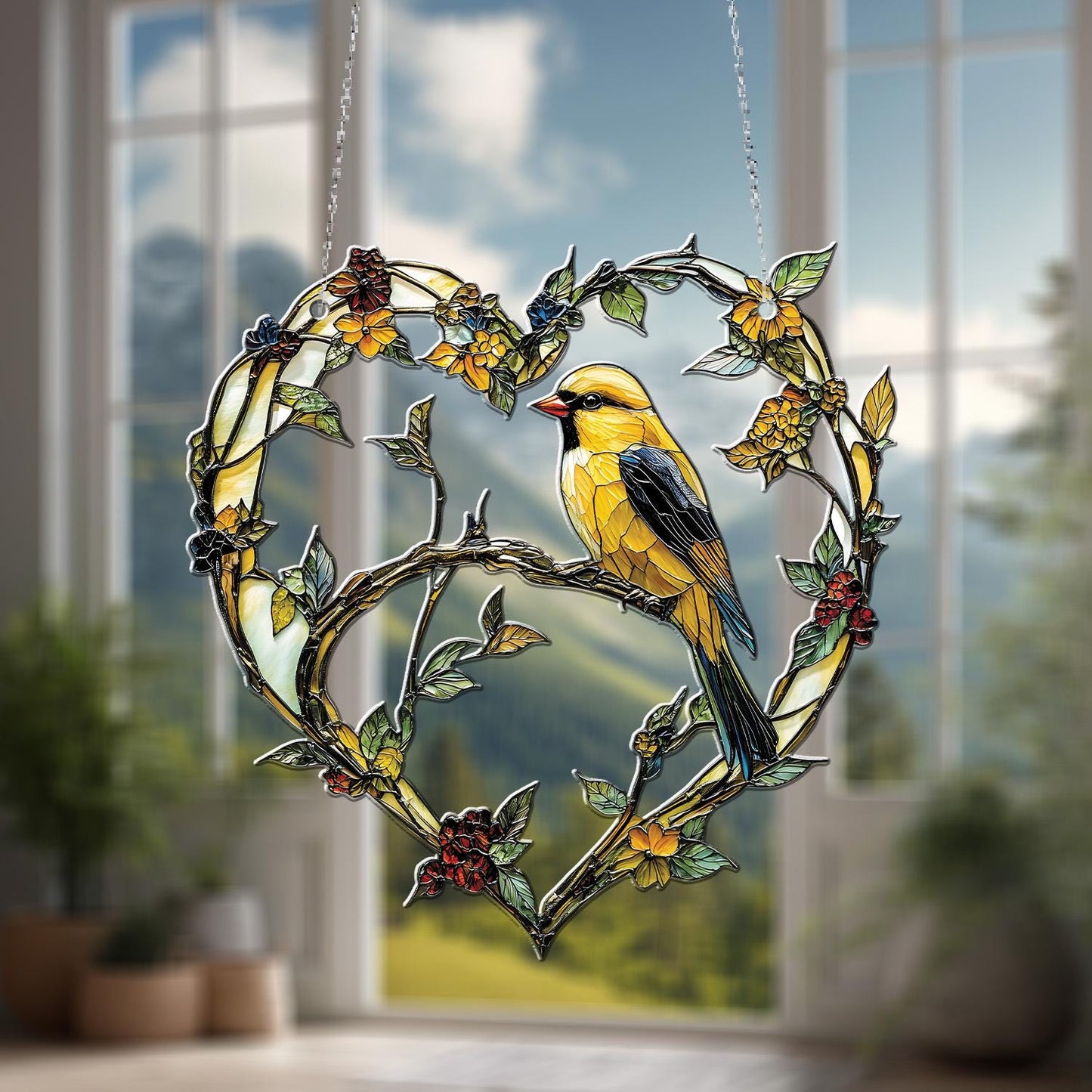Yellow Bird on Heart-Shaped Floral Vine Hanging Panel, Nature-Inspired Window or Wall Art, Perfect Gift for Bird and Garden Lovers
