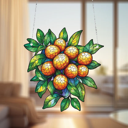 Orange Fruit and Leaf Cluster Hanging Panel, Vibrant Window or Wall Art for Kitchen, Dining Room, and Nature-Inspired Home Décor