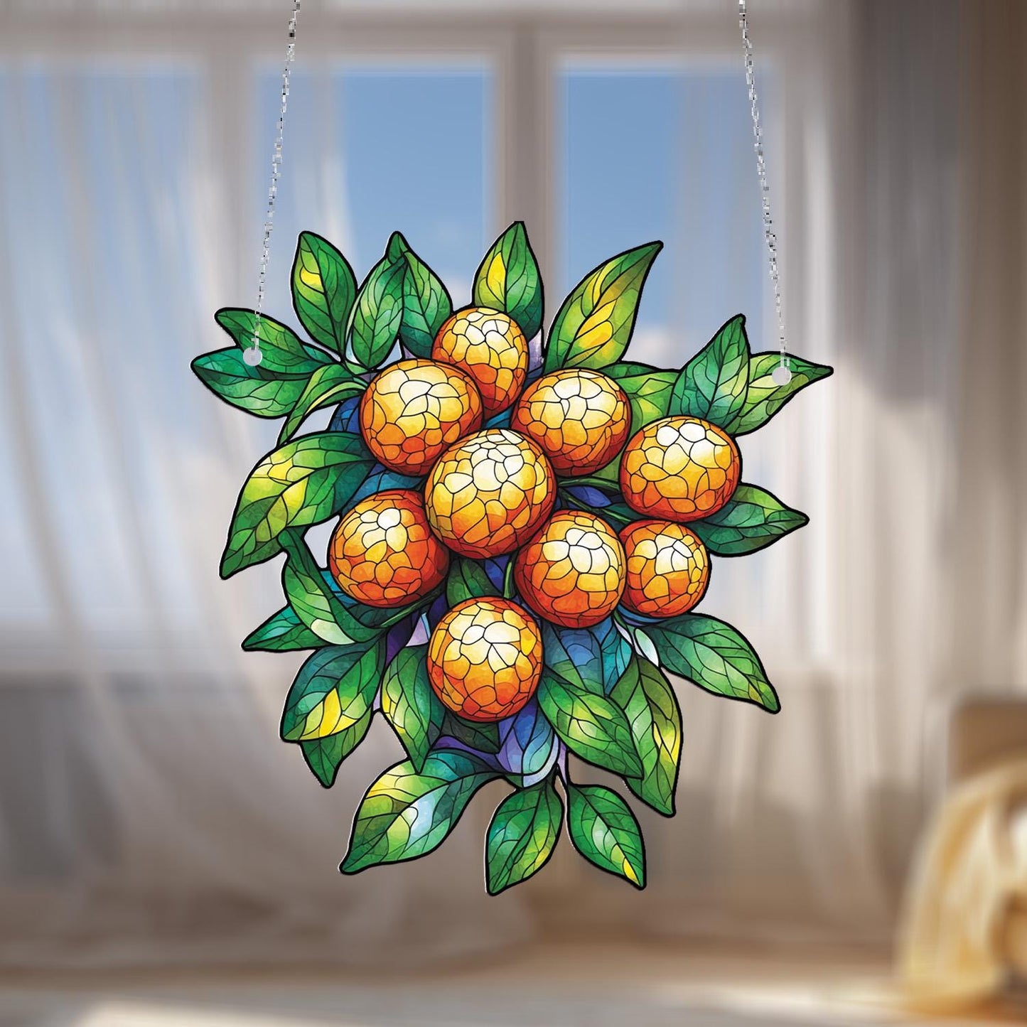 Orange Fruit and Leaf Cluster Hanging Panel, Vibrant Window or Wall Art for Kitchen, Dining Room, and Nature-Inspired Home Décor