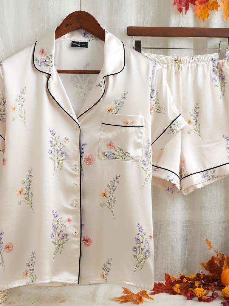 Wild Flowers Satin Pajamas Set, Wildflower Pajamas, Floral Pajamas Set, Aesthetic Flower Pajamas, Natural Lover Pajamas, Plant Lover Pajamas