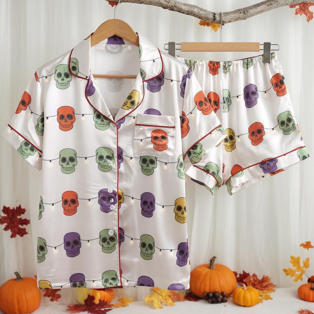 Spooky Jack O'Lantern Satin Pajamas Set, Halloween Pajamas, Halloween Skull Pajamas, Skull String Lights Pjs, Spooky Season, Trick or Treat