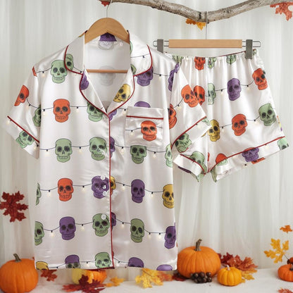 Spooky Jack O'Lantern Satin Pajamas Set, Halloween Pajamas, Halloween Skull Pajamas, Skull String Lights Pjs, Spooky Season, Trick or Treat