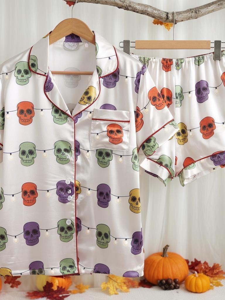 Spooky Jack O'Lantern Satin Pajamas Set, Halloween Pajamas, Halloween Skull Pajamas, Skull String Lights Pjs, Spooky Season, Trick or Treat