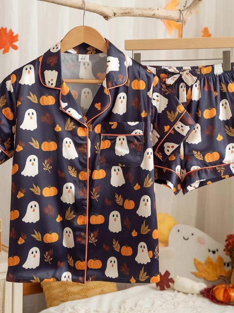 Cute Ghosts and Pumpkins Satin Pajamas Set, Ghost Pajamas, Ghost Pumpkin Pajamas, Cozy Fall Pajamas, Halloween Pajamas, Spooky Season Gift