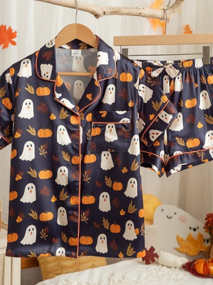 Cute Ghosts and Pumpkins Satin Pajamas Set, Ghost Pajamas, Ghost Pumpkin Pajamas, Cozy Fall Pajamas, Halloween Pajamas, Spooky Season Gift