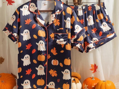 Cute Ghosts and Pumpkins Satin Pajamas Set, Ghost Pajamas, Cozy Fall Pajamas, Halloween Pajamas, Ghost Pumpkin Pajamas, Spooky Season Gift