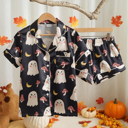 Cute Ghosts and Mushrooms Satin Pajamas Set, Ghost Pajamas, Mystical Pajamas Set, Mushroom Pajamas, Halloween Pajamas, Spooky Season Gift