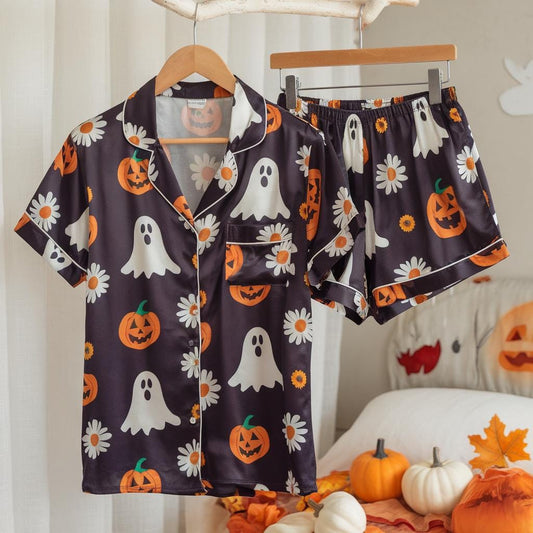 Cute Ghosts, Pumpkins and Daisy Flowers Satin Pajamas Set, Ghost Pajamas, Cozy Fall Pajamas, Halloween Pajamas, Floral Halloween Pajamas Set