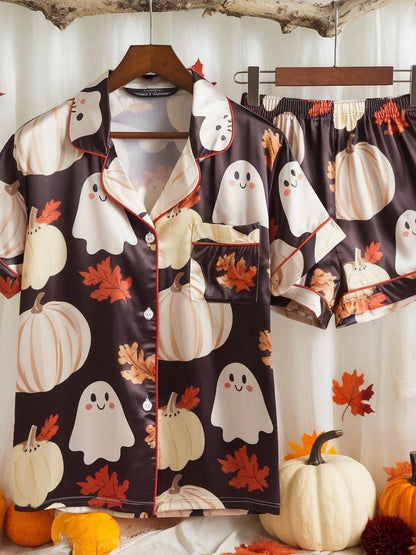 Cute Ghosts and Pumpkins Satin Pajamas Set, Ghost Pajamas, Fall Aesthetic Pajamas, Cozy Autumn Pajamas, Halloween Pajamas, Spooky Season Pjs