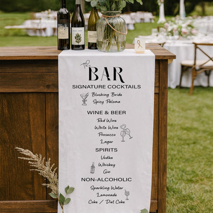 Wedding Bar Menu Runner – Personalized Signature Cocktails Banner, Modern Reception Bar Sign, Custom Drinks List, Fabric Table Banner
