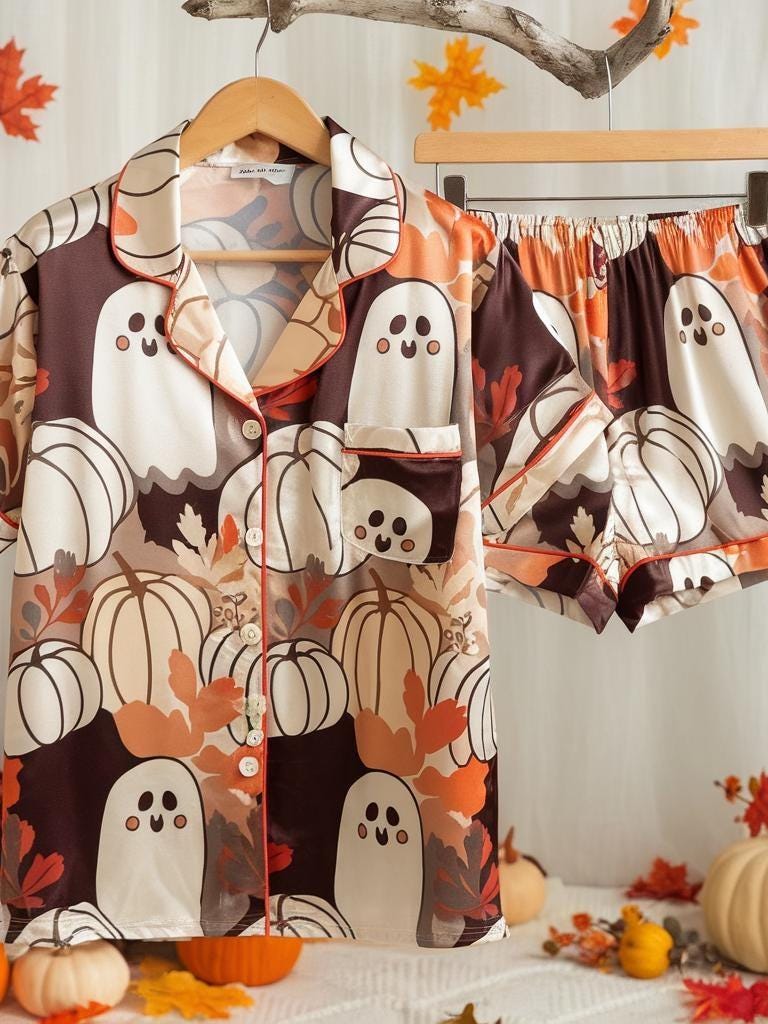 Cute Ghosts and Pumpkins Satin Pajamas Set, Ghost Pajamas, Halloween Pajamas, Fall Aesthetic Pajamas, Cozy Autumn Pajamas, Spooky Season Pjs