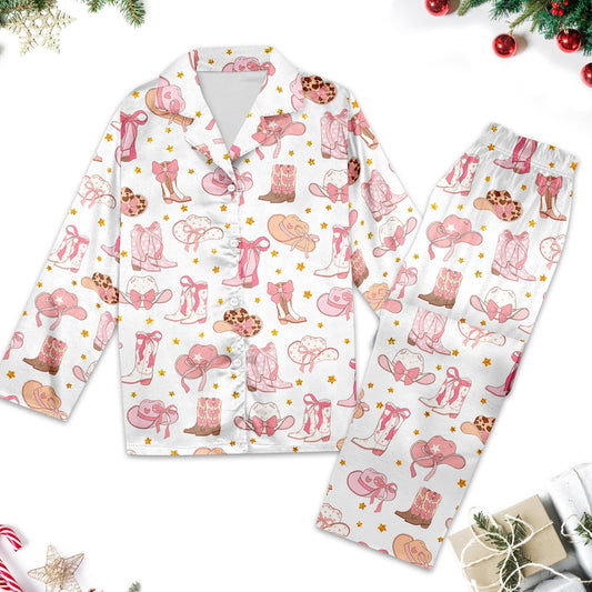 Pink Cowgirl Boots And Hat Country Themed Pajamas, Boots And Hats Western Cowgirl Pajamas Set, Cowgirl Boots Pajamas Set Gifts