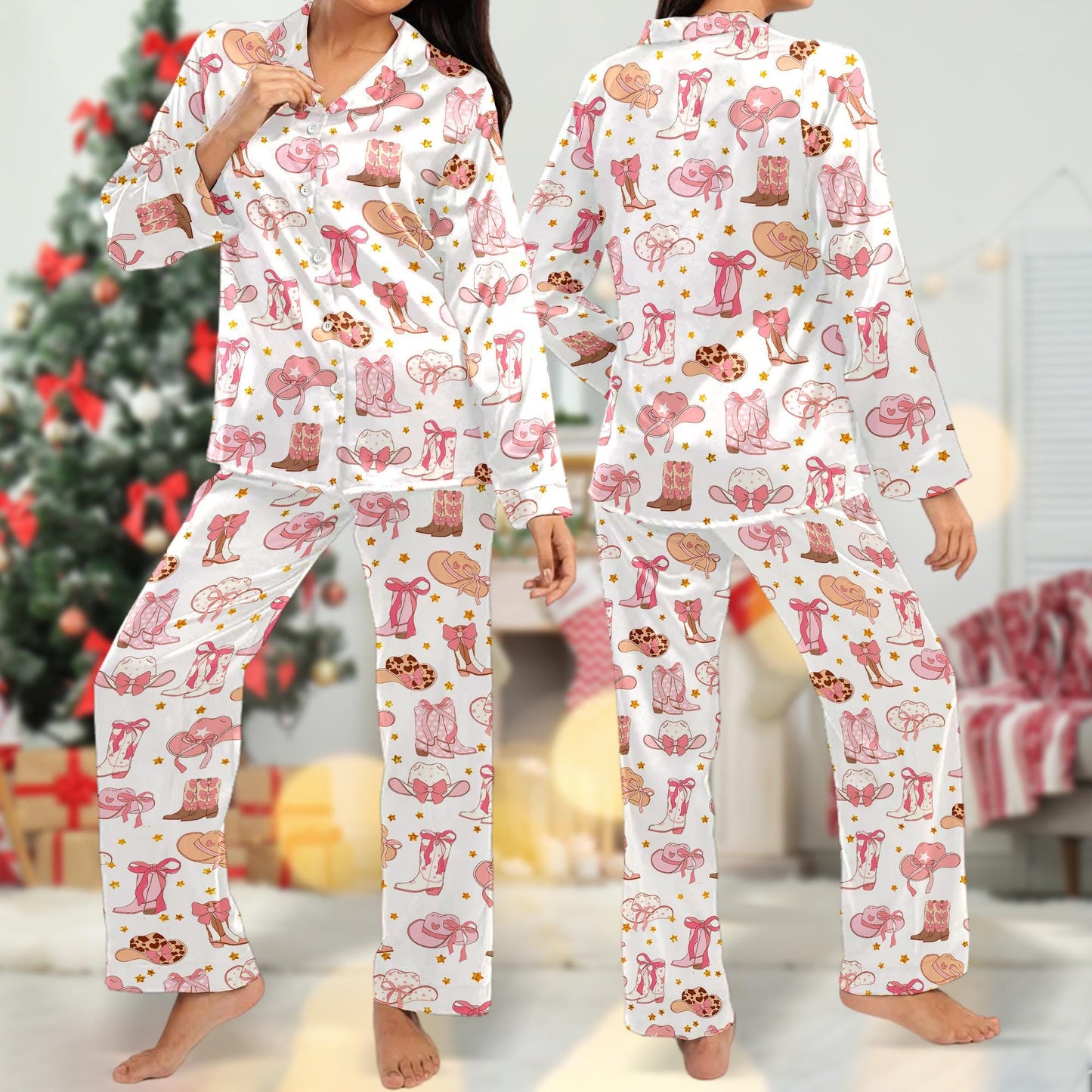 Pink Cowgirl Boots And Hat Country Themed Pajamas, Boots And Hats Western Cowgirl Pajamas Set, Cowgirl Boots Pajamas Set Gifts