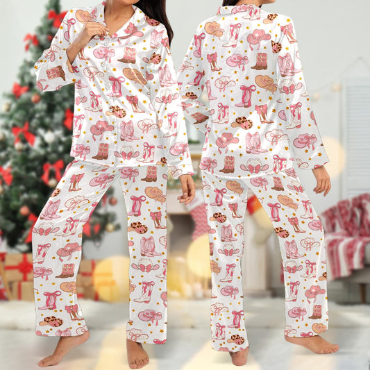 Pink Cowgirl Boots And Hat Country Themed Pajamas, Boots And Hats Western Cowgirl Pajamas Set, Cowgirl Boots Pajamas Set Gifts